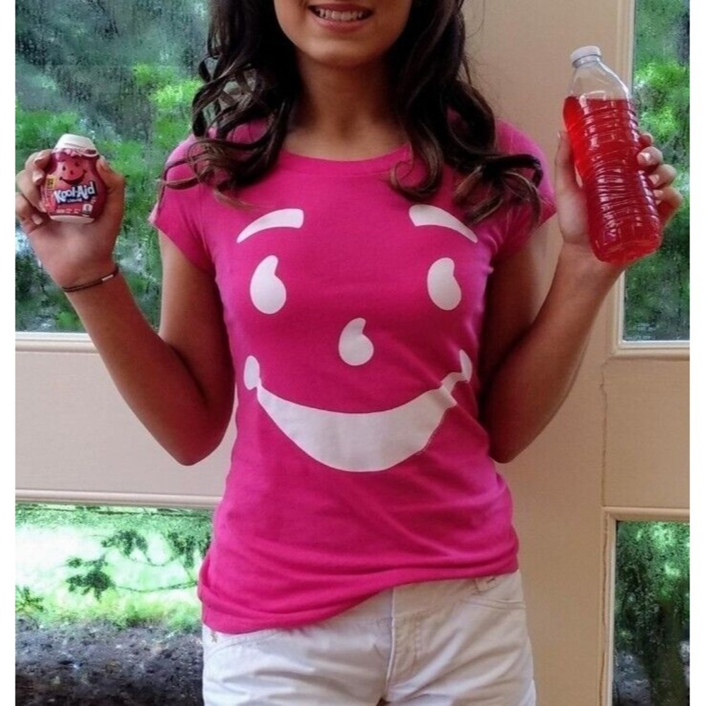 Kool-Aid T-Shirt Womens Junior Size S Captain-Kool-Aid Pink White Retro Tee